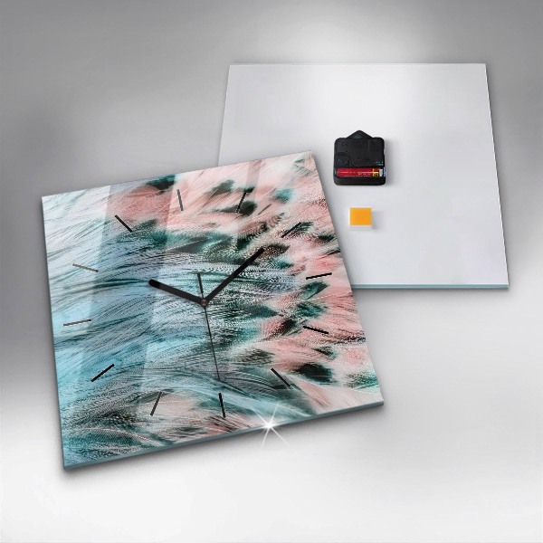 Square glass wall clock Colorful feathers