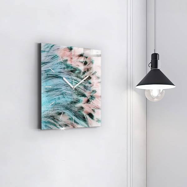Square glass wall clock Colorful feathers
