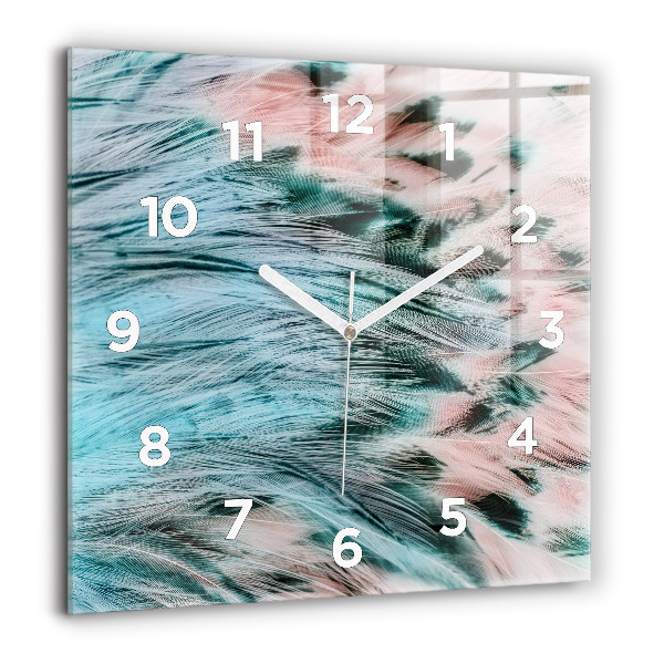 Square glass wall clock Colorful feathers