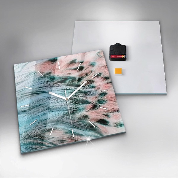 Square glass wall clock Colorful feathers