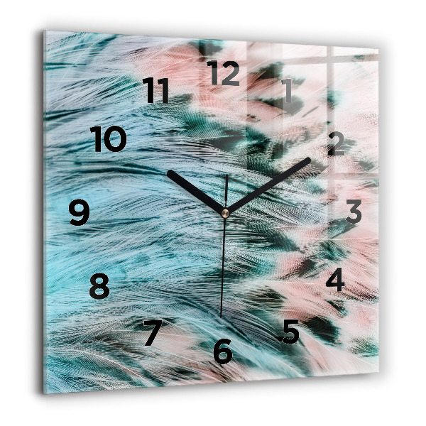Square glass wall clock Colorful feathers