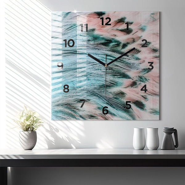 Square glass wall clock Colorful feathers