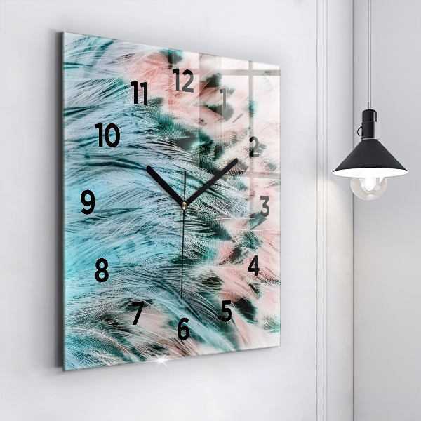 Square glass wall clock Colorful feathers