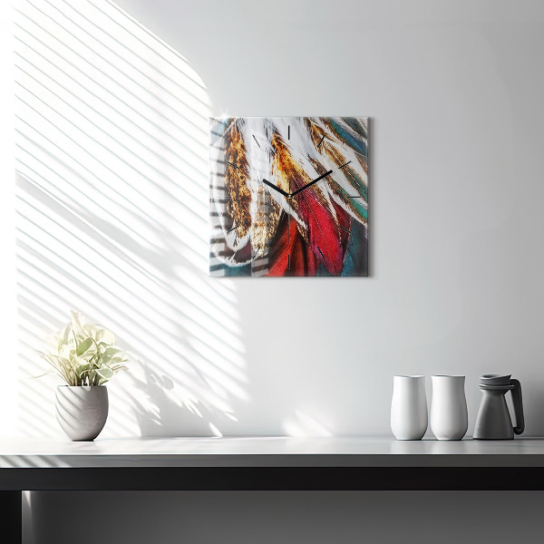 Square glass wall clock Light brown bird feathers