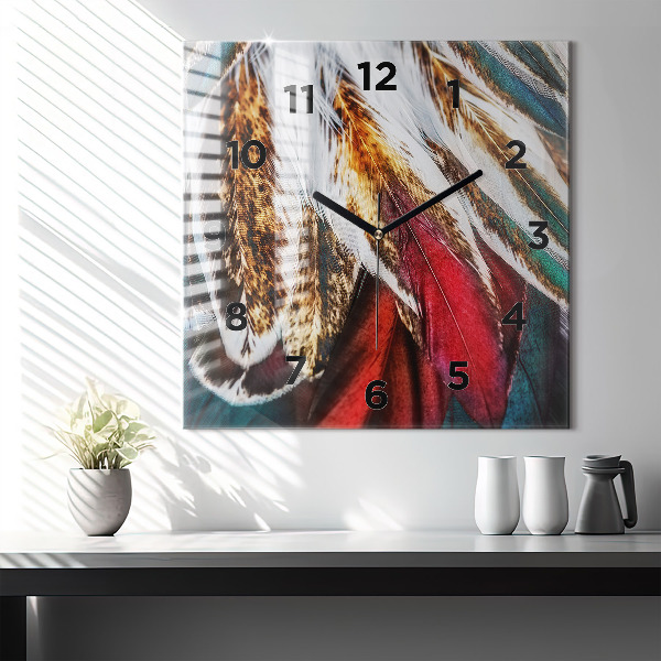Square glass wall clock Light brown bird feathers