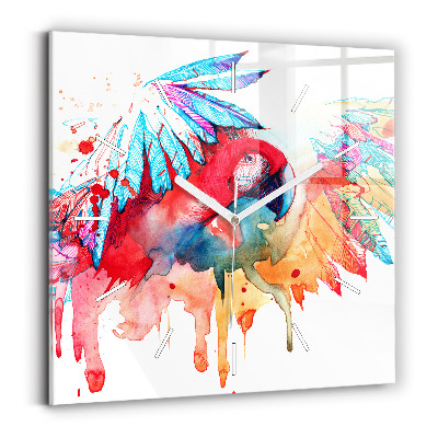 Square glass wall clock Colorful red parrot