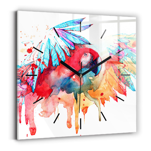 Square glass wall clock Colorful red parrot
