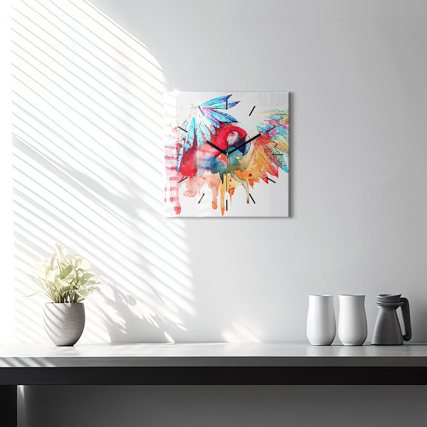 Square glass wall clock Colorful red parrot