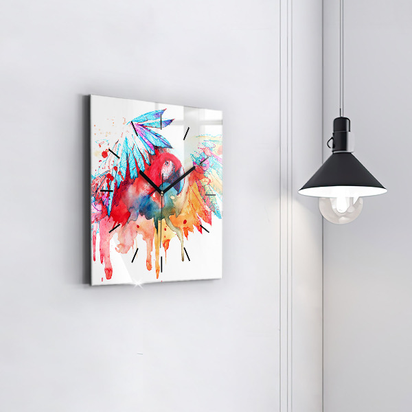 Square glass wall clock Colorful red parrot