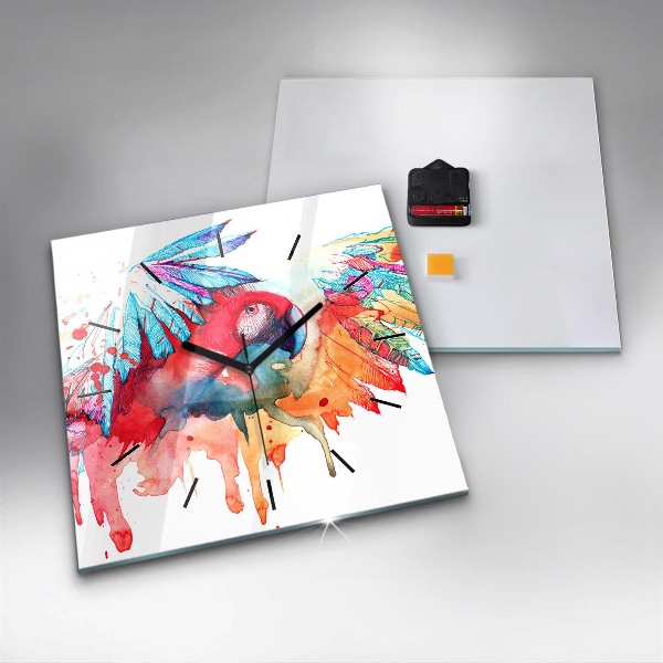 Square glass wall clock Colorful red parrot