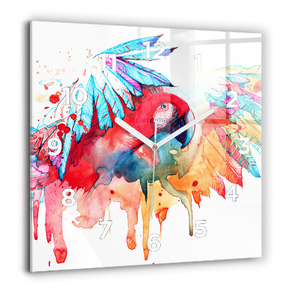 Square glass wall clock Colorful red parrot