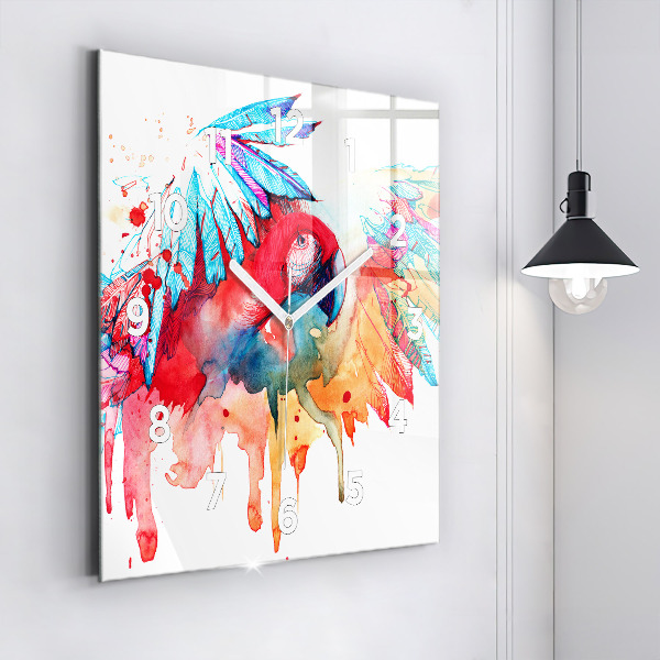 Square glass wall clock Colorful red parrot
