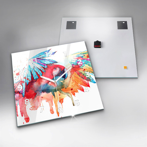Square glass wall clock Colorful red parrot