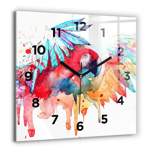 Square glass wall clock Colorful red parrot