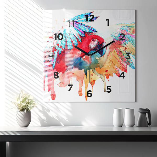 Square glass wall clock Colorful red parrot