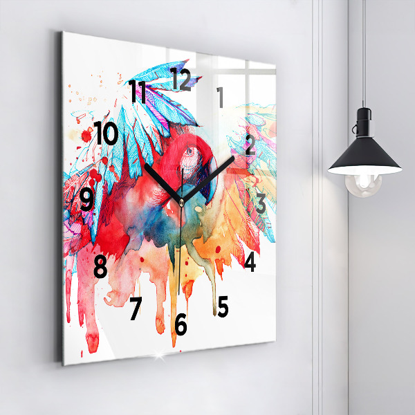 Square glass wall clock Colorful red parrot