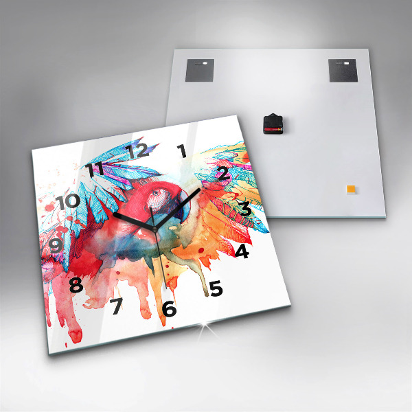 Square glass wall clock Colorful red parrot