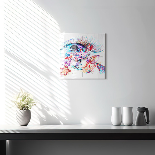 Square glass wall clock Colorful butterfly eye
