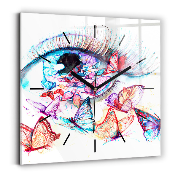 Square glass wall clock Colorful butterfly eye
