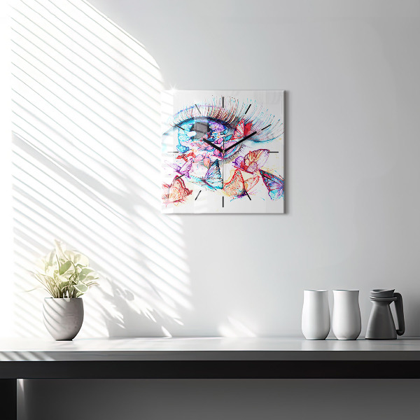 Square glass wall clock Colorful butterfly eye