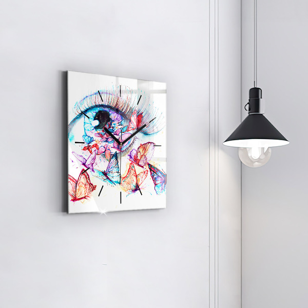 Square glass wall clock Colorful butterfly eye