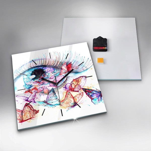 Square glass wall clock Colorful butterfly eye