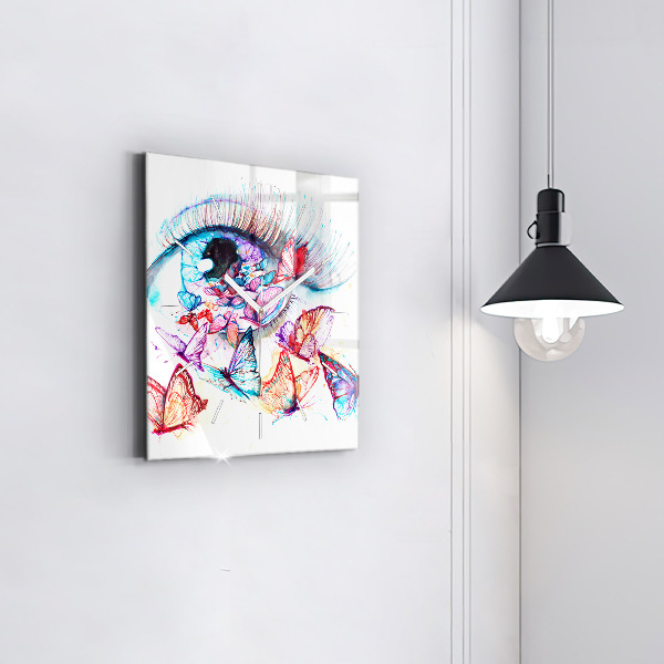 Square glass wall clock Colorful butterfly eye
