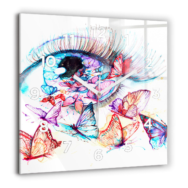 Square glass wall clock Colorful butterfly eye