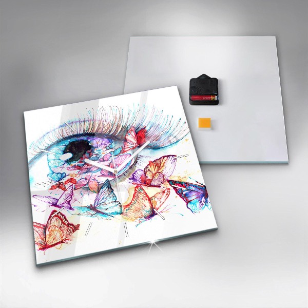 Square glass wall clock Colorful butterfly eye
