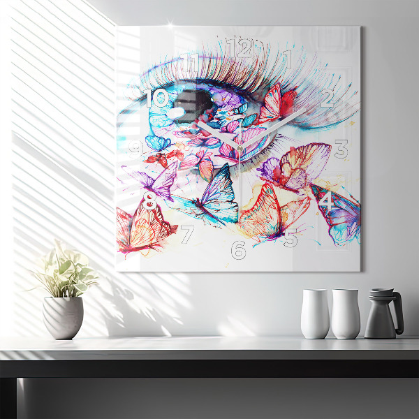 Square glass wall clock Colorful butterfly eye