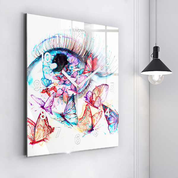 Square glass wall clock Colorful butterfly eye