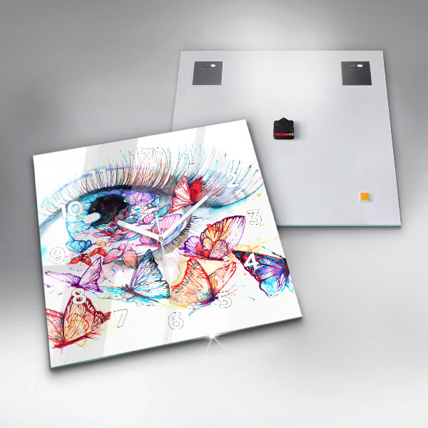 Square glass wall clock Colorful butterfly eye