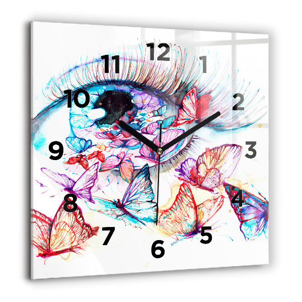 Square glass wall clock Colorful butterfly eye