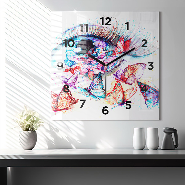 Square glass wall clock Colorful butterfly eye
