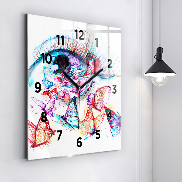 Square glass wall clock Colorful butterfly eye