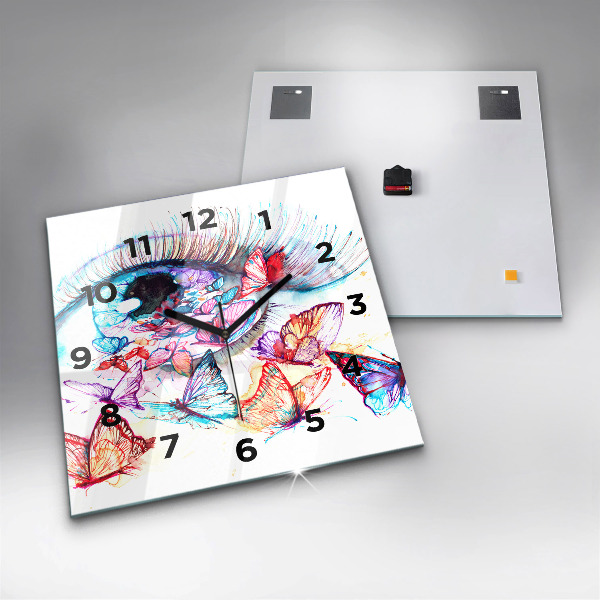 Square glass wall clock Colorful butterfly eye