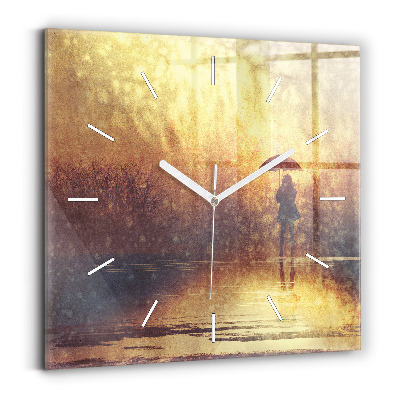 Square glass wall clock woman with umbrella