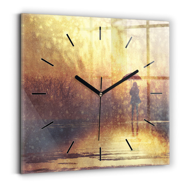 Square glass wall clock woman with umbrella