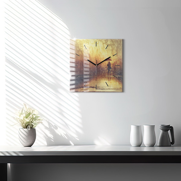 Square glass wall clock woman with umbrella