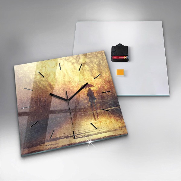 Square glass wall clock woman with umbrella
