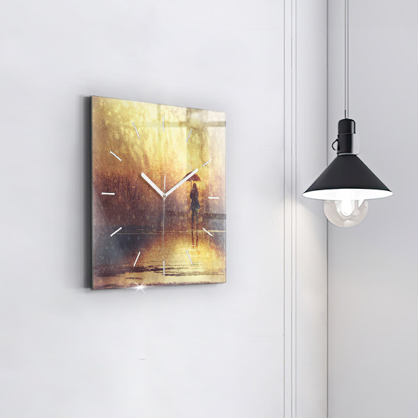 Square glass wall clock woman with umbrella