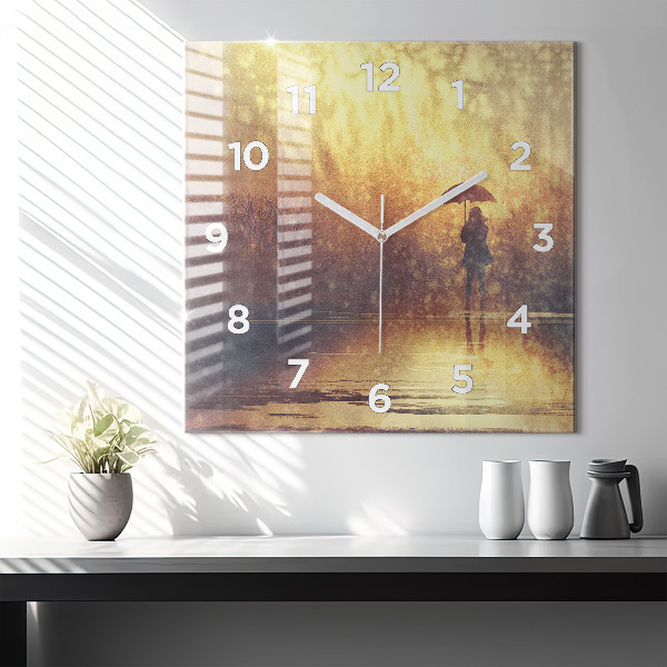 Square glass wall clock woman with umbrella