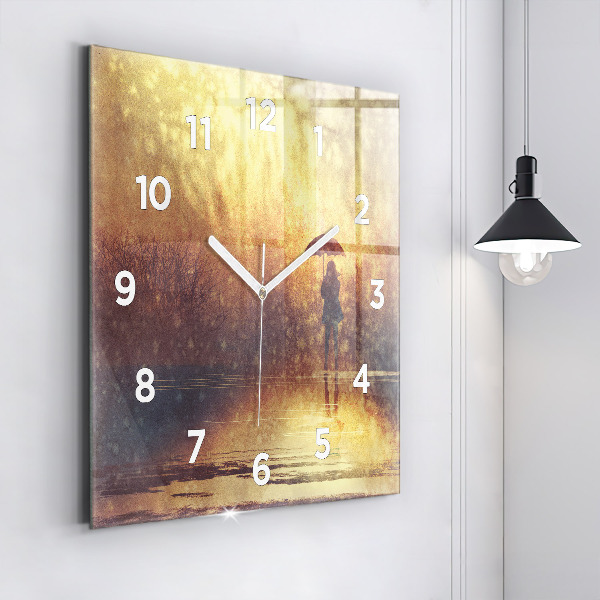 Square glass wall clock woman with umbrella