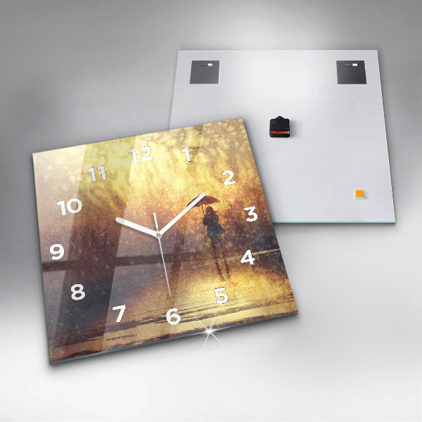 Square glass wall clock woman with umbrella