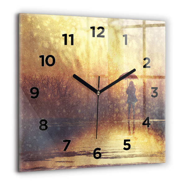 Square glass wall clock woman with umbrella