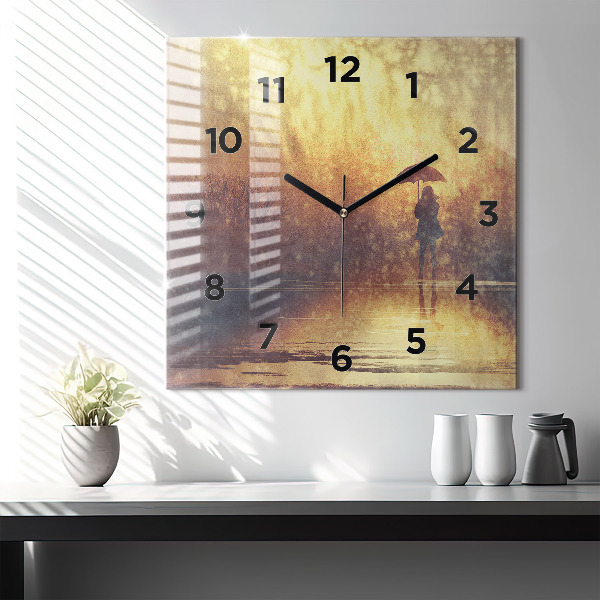 Square glass wall clock woman with umbrella