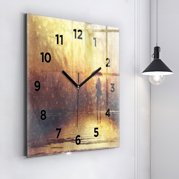 Square glass wall clock woman with umbrella