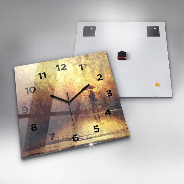 Square glass wall clock woman with umbrella