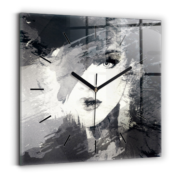 Square glass wall clock Woman - watercolors