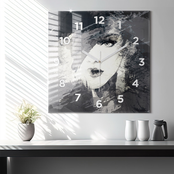 Square glass wall clock Woman - watercolors